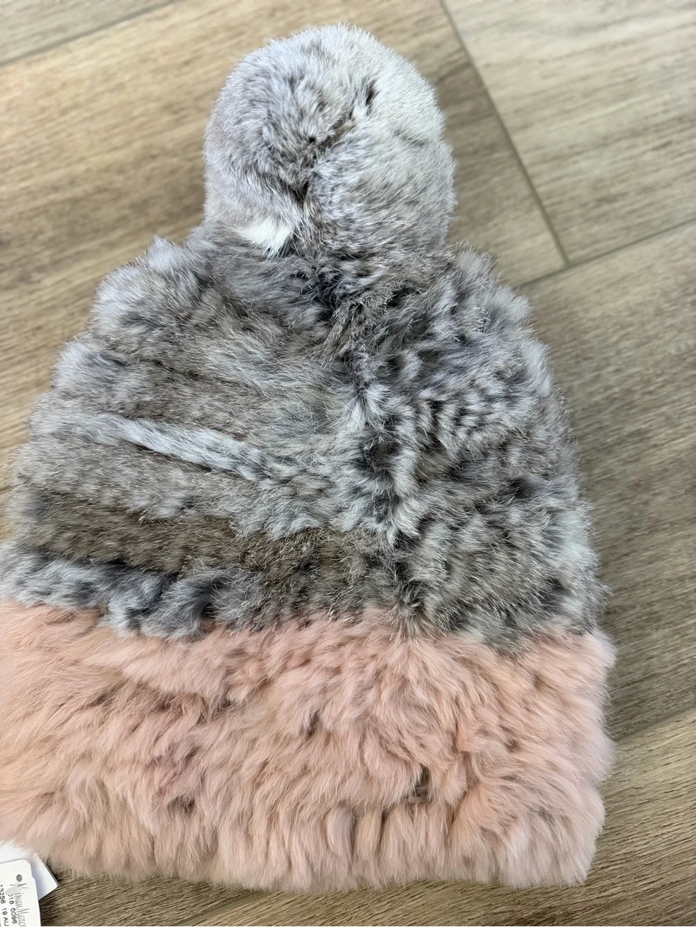Love Token NWT Blush Pink Gray Rabbit Fur Pom Pom Beanie Hat One Size